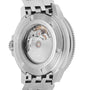 Close-up of the Tissot Seastar 1000 Powermatic 80 sports watch, showing its transparent case back that reveals the intricate Powermatic 80 movement and metal bracelet.