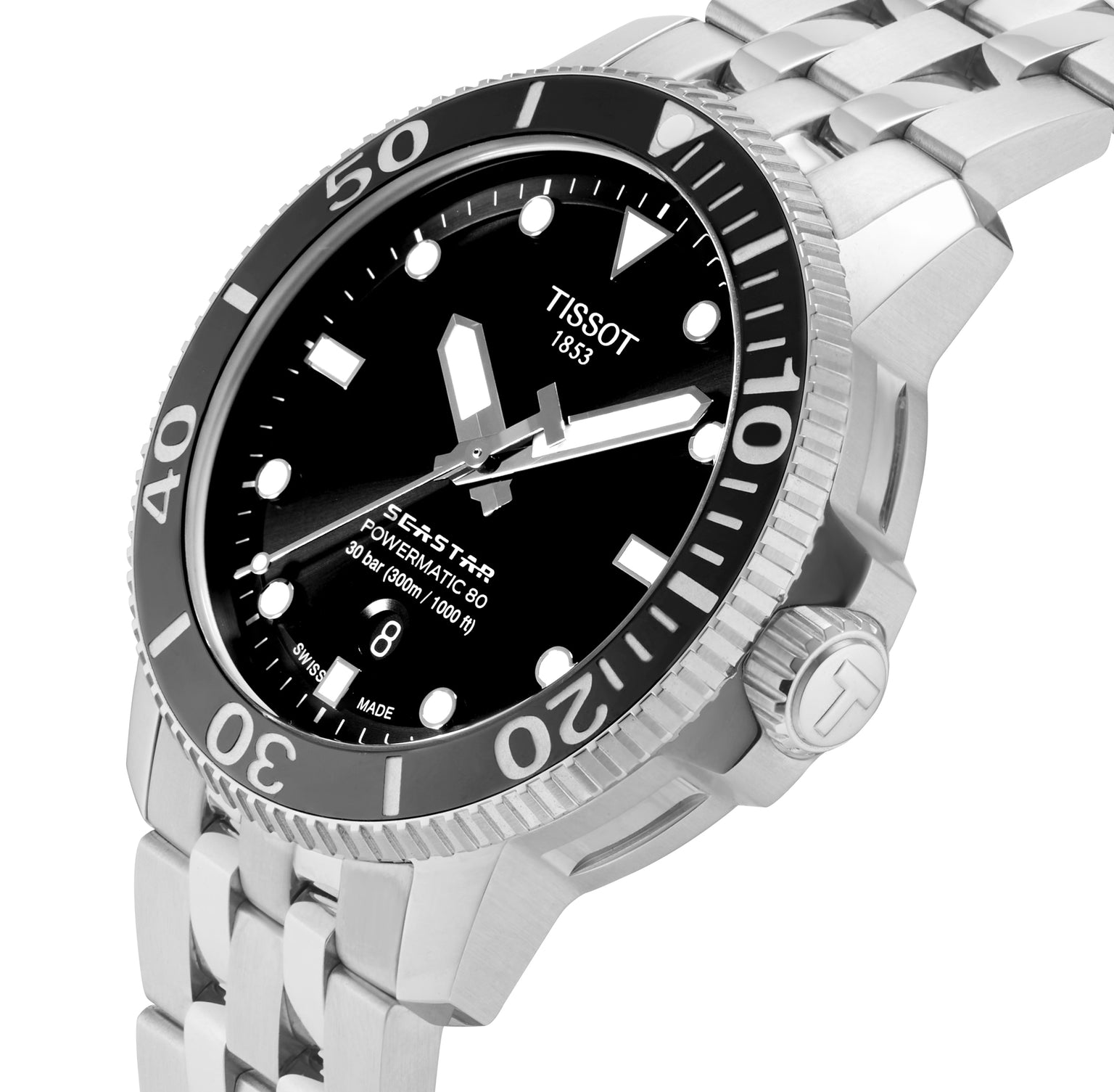 The Tissot Seastar 1000 Powermatic 80 features a silver stainless steel bracelet, black dial, luminescent hands and markers, date at 6 o’clock, and reliable Powermatic 80 movement—a stylish high-performance dive watch.