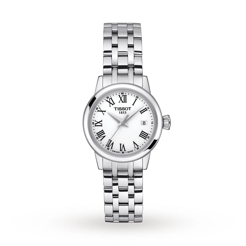 The Tissot Classic Dream features a silver-tone metal link band, white dial with Roman numerals, date window at 3 oclock, and precise Swiss quartz movement—an elegant timepiece blending luxury and style.