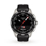 The Tissot T-Touch Connect Solar features a black face, titanium case, black rubber strap, digital “Welcome” display, compass bezel markings, and solar energy power reserve.