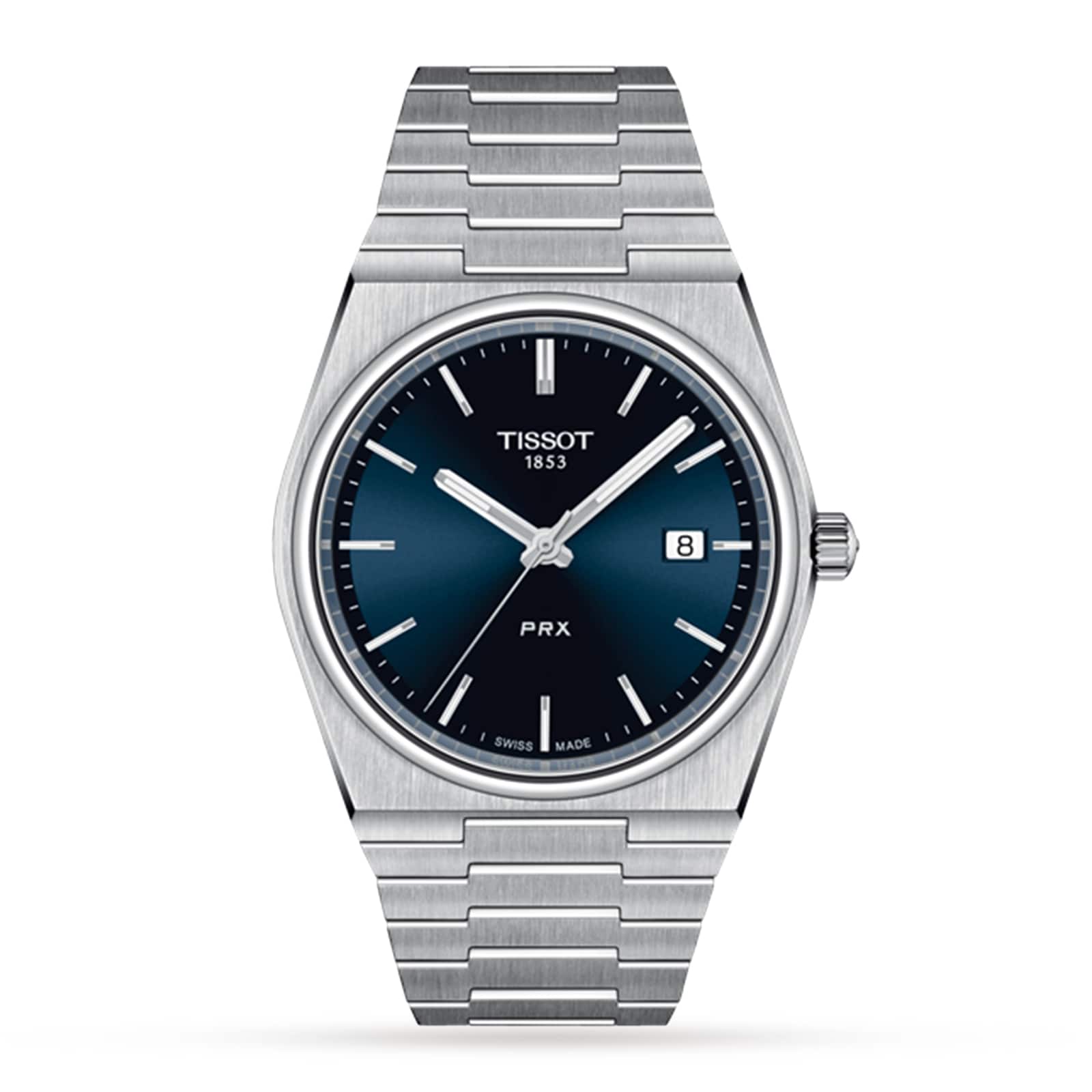 The Tissot PRX is a stainless steel wristwatch featuring a blue dial, silver hour markers, date at 3 o’clock, metal bracelet, and Swiss quartz movement, all inspired by sleek 1970s design.