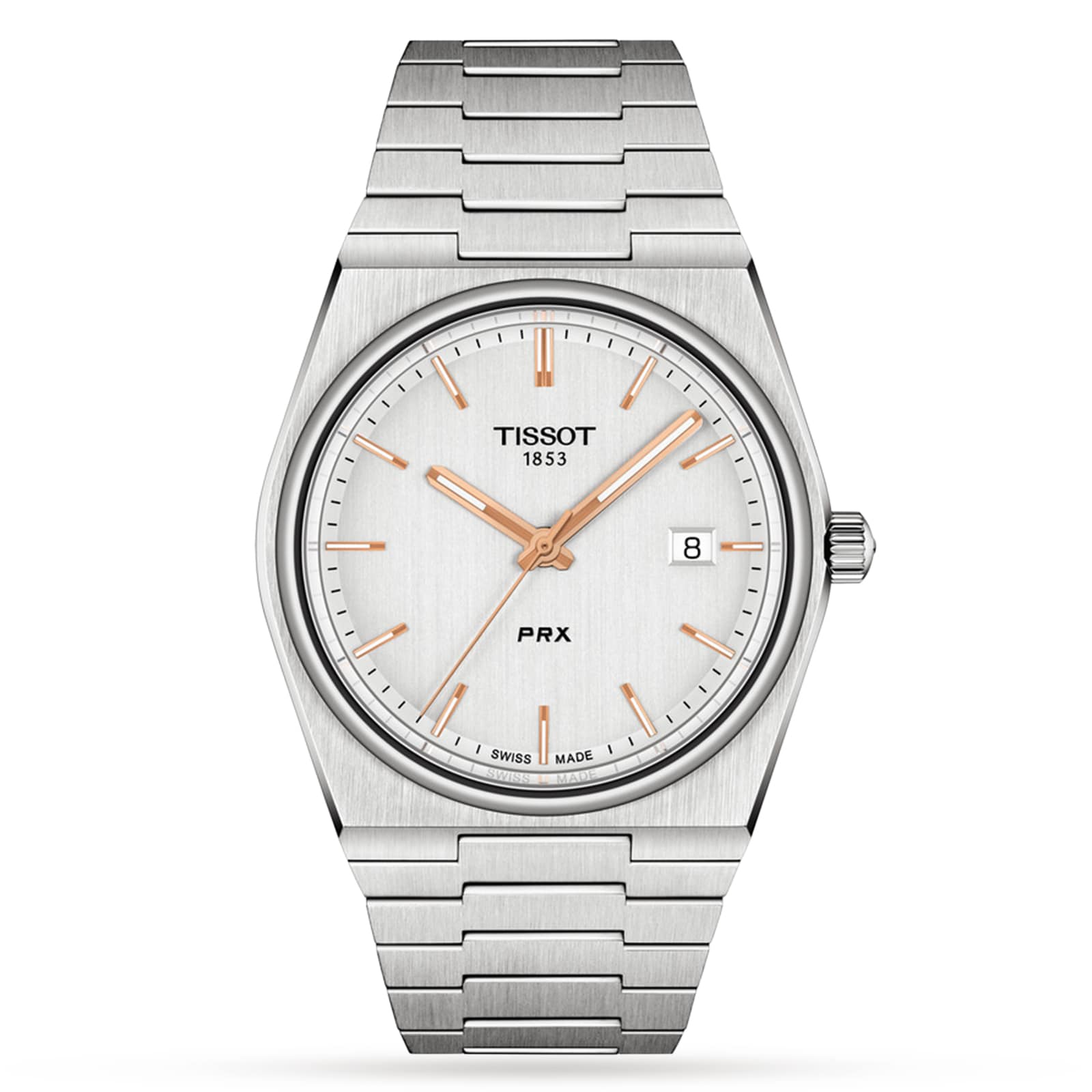 The Tissot PRX is a stainless steel wristwatch with a 1970s-inspired design, silver dial, rose gold markers and hands, date at 3 o’clock, and a metal bracelet.
