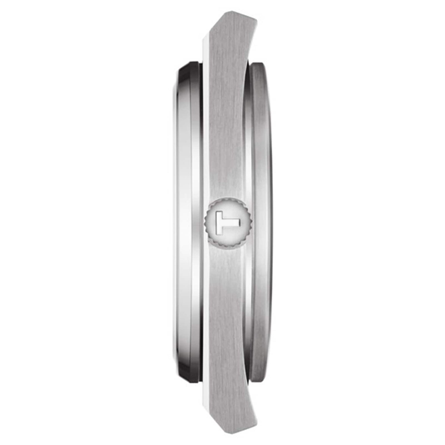 Side view of the Tissot PRX wristwatch in silver, displaying its slim case with a “T” logo crown and a design inspired by the 1970s.
