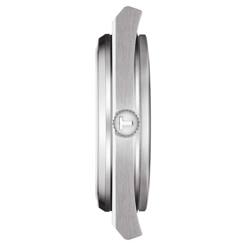Side view of the Tissot PRX wristwatch in silver, displaying its slim case with a “T” logo crown and a design inspired by the 1970s.