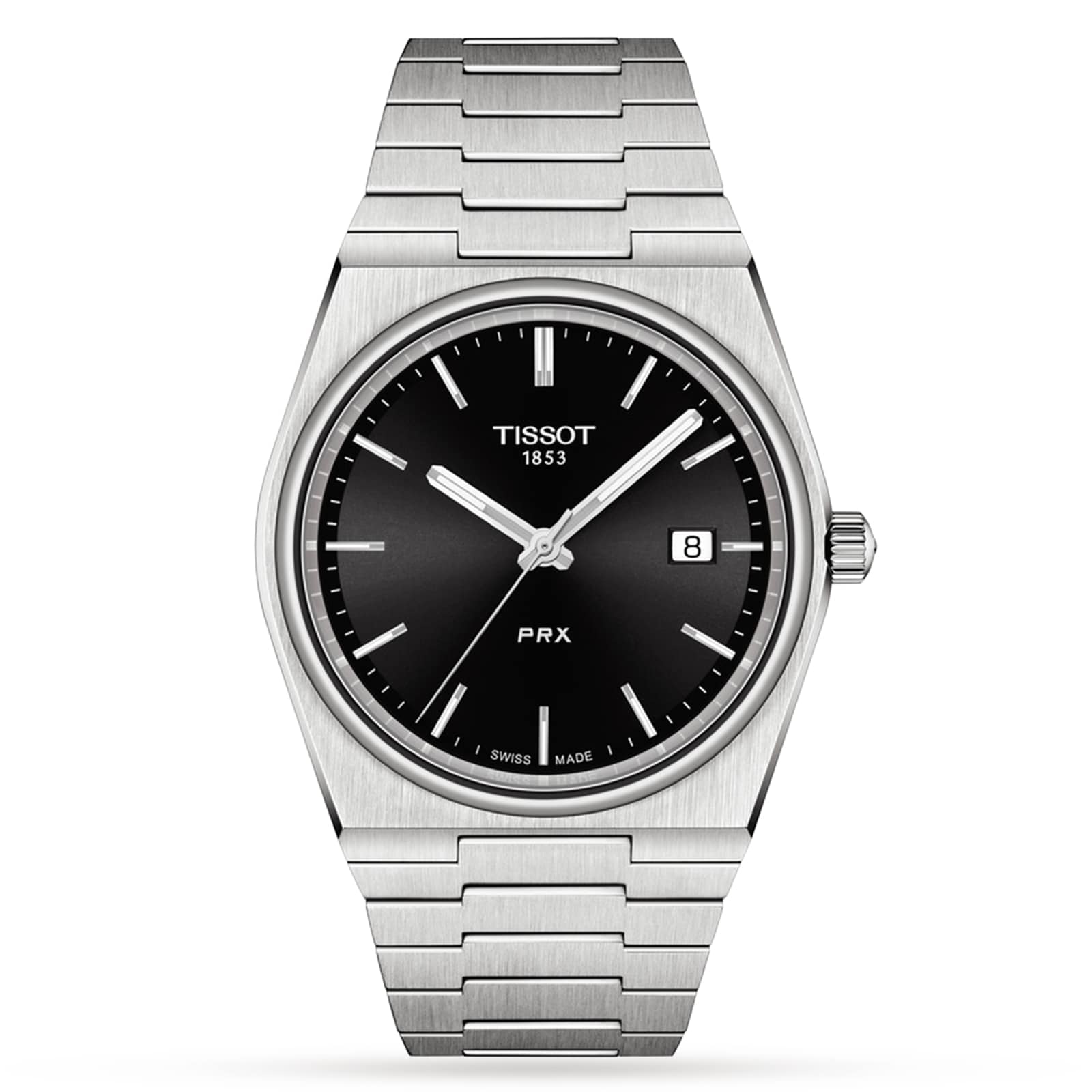 The Tissot PRX is a stainless steel wristwatch featuring a black dial, silver hour markers, Swiss quartz movement, and a date display at 3 o’clock.