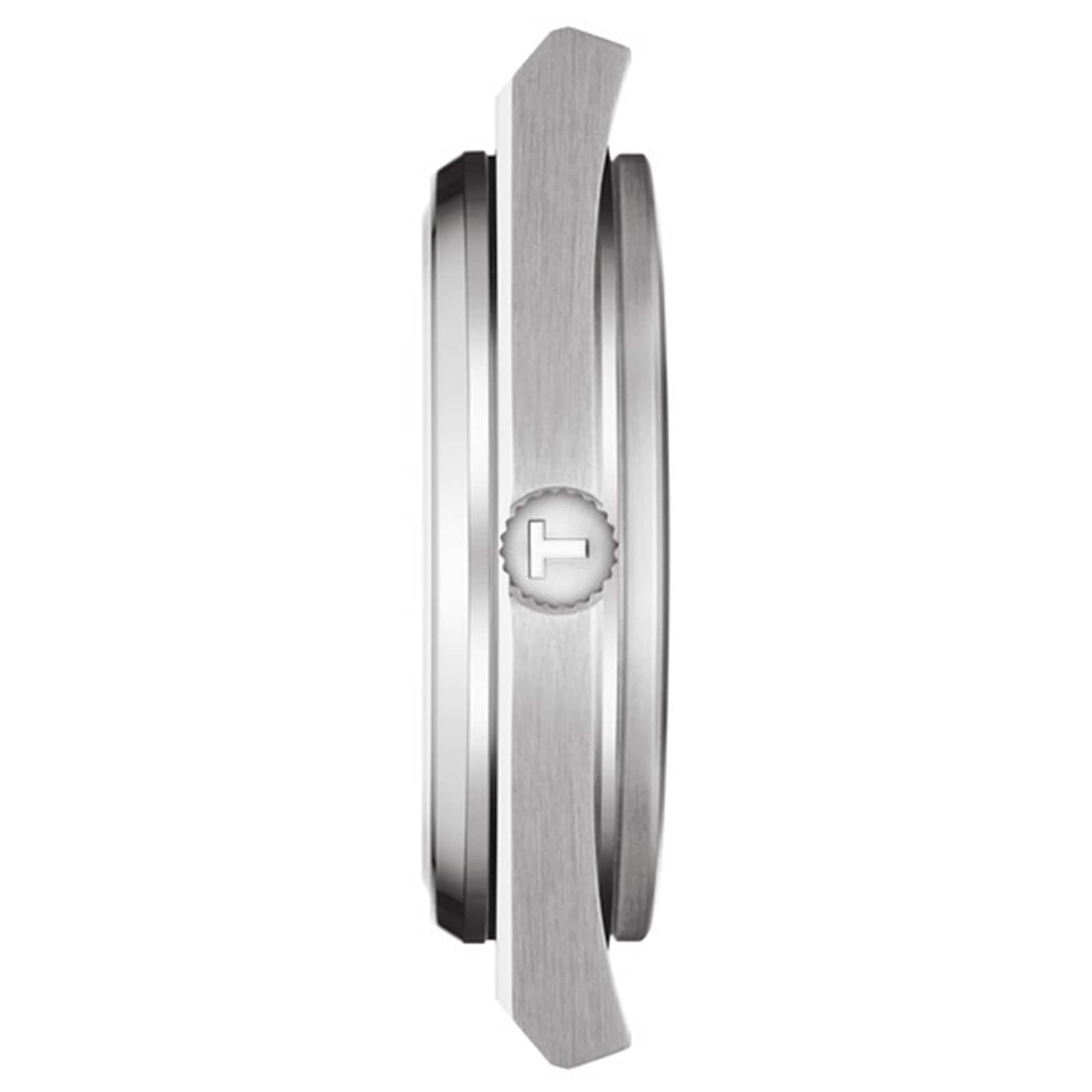 Side view of the Tissot PRX, highlighting its stainless steel case and a textured crown engraved with the letter T—an embodiment of classic Swiss craftsmanship.