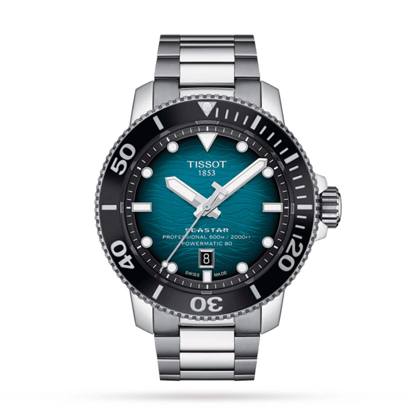 The Tissot Seastar 2000 Professional Powermatic 80 is a stainless steel diver’s watch with a teal textured dial, black bezel, Powermatic 80 movement, date at 6 o’clock, and bold white hour markers.