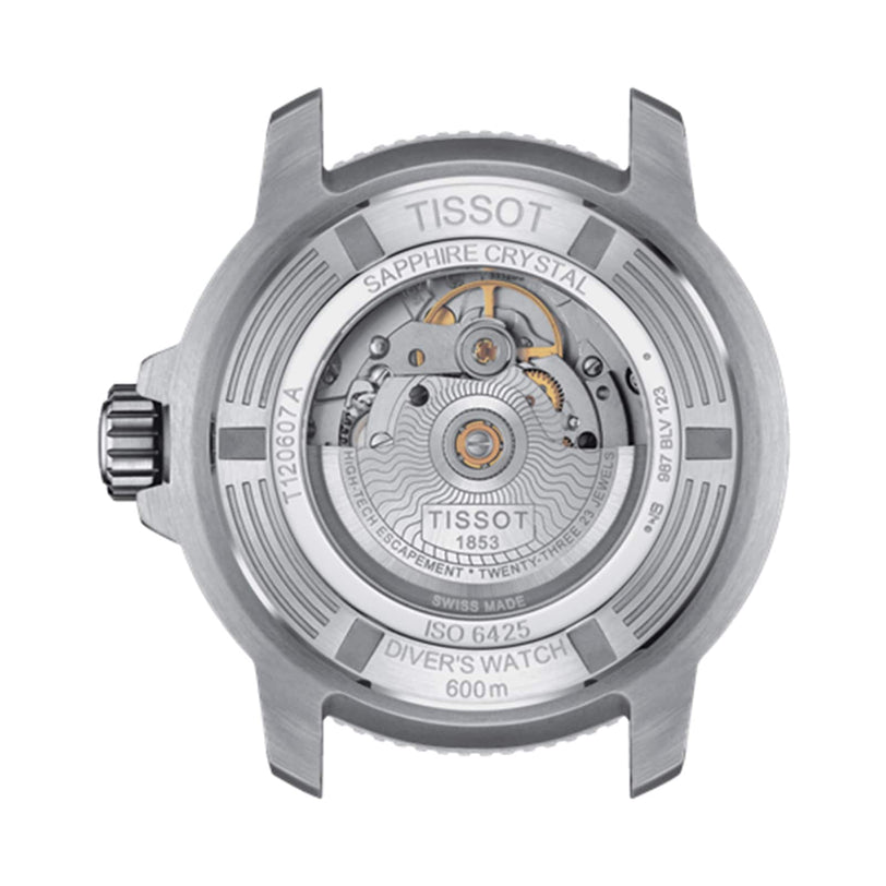 Back view of the Tissot Seastar 2000 Professional Powermatic 80, displaying its exposed Powermatic 80 automatic movement, engraved details, and a sapphire crystal case back.