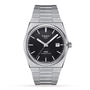 The Tissot PRX Powermatic 80 features a stainless steel case, black textured dial, silver markers, date at 3 o’clock, integrated metal bracelet, and the reliable Powermatic 80 movement.