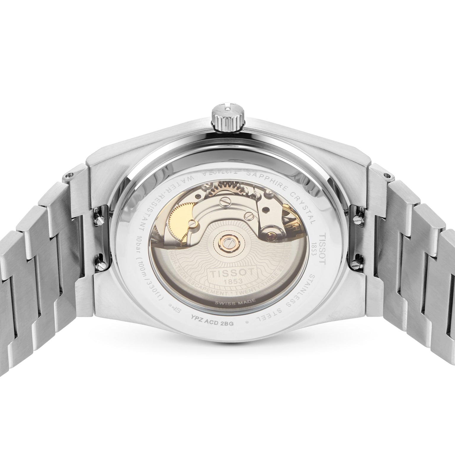 Back view of the Tissot PRX Powermatic 80, revealing its Powermatic 80 movement through a transparent case back and paired with a stainless steel bracelet.