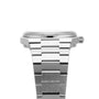 Close-up side view of the Tissot PRX Powermatic 80, featuring a stainless steel case, crown, and metal link bracelet, set against a white background.