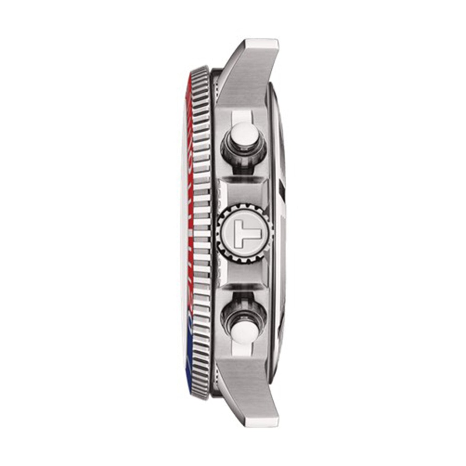 Side view of the Tissot Seastar 1000 Quartz Chronograph wristwatch in silver, featuring a textured bezel and two push buttons, displayed on a white background.