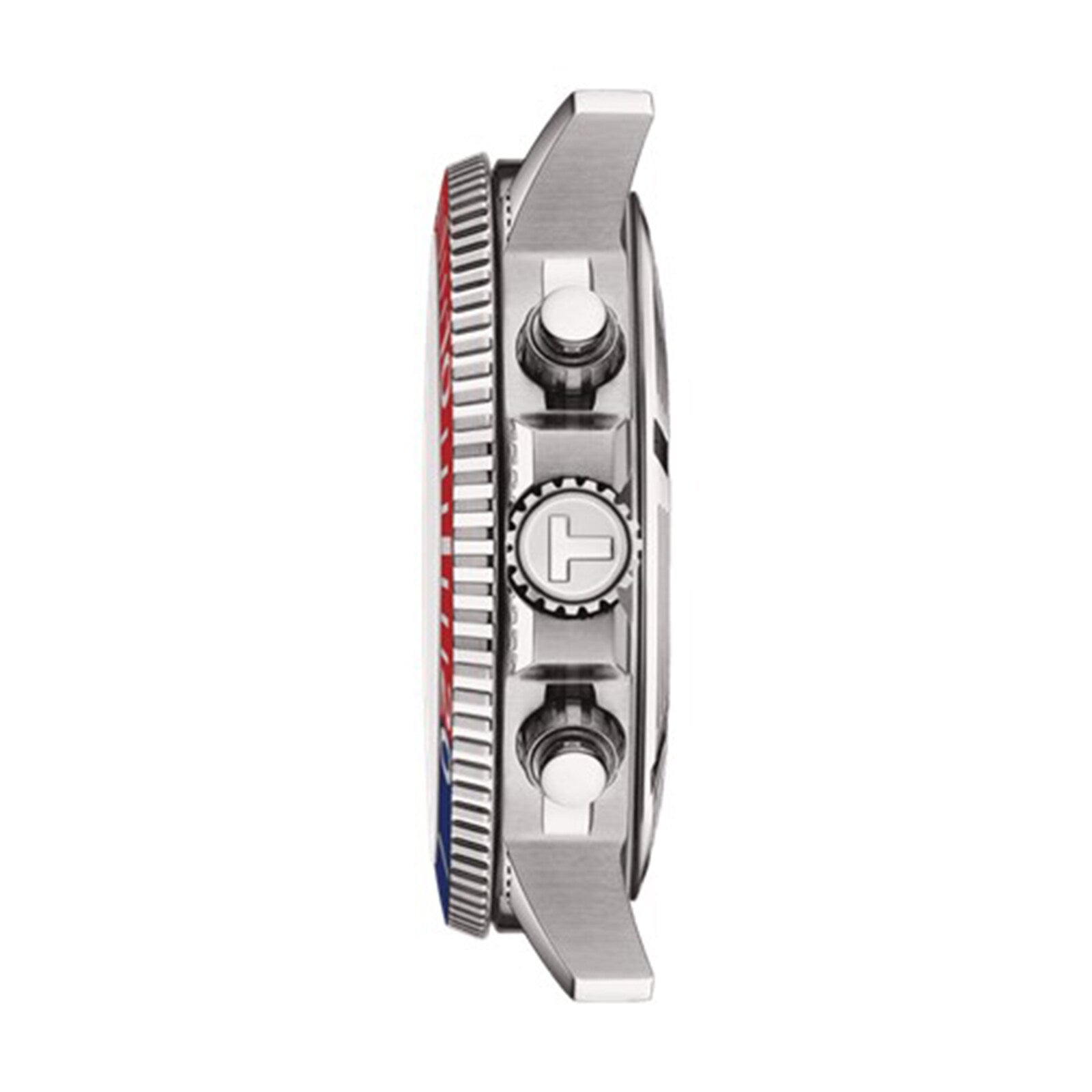 Side view of the Tissot Seastar 1000 Quartz Chronograph wristwatch in silver, featuring a textured bezel and two push buttons, displayed on a white background.