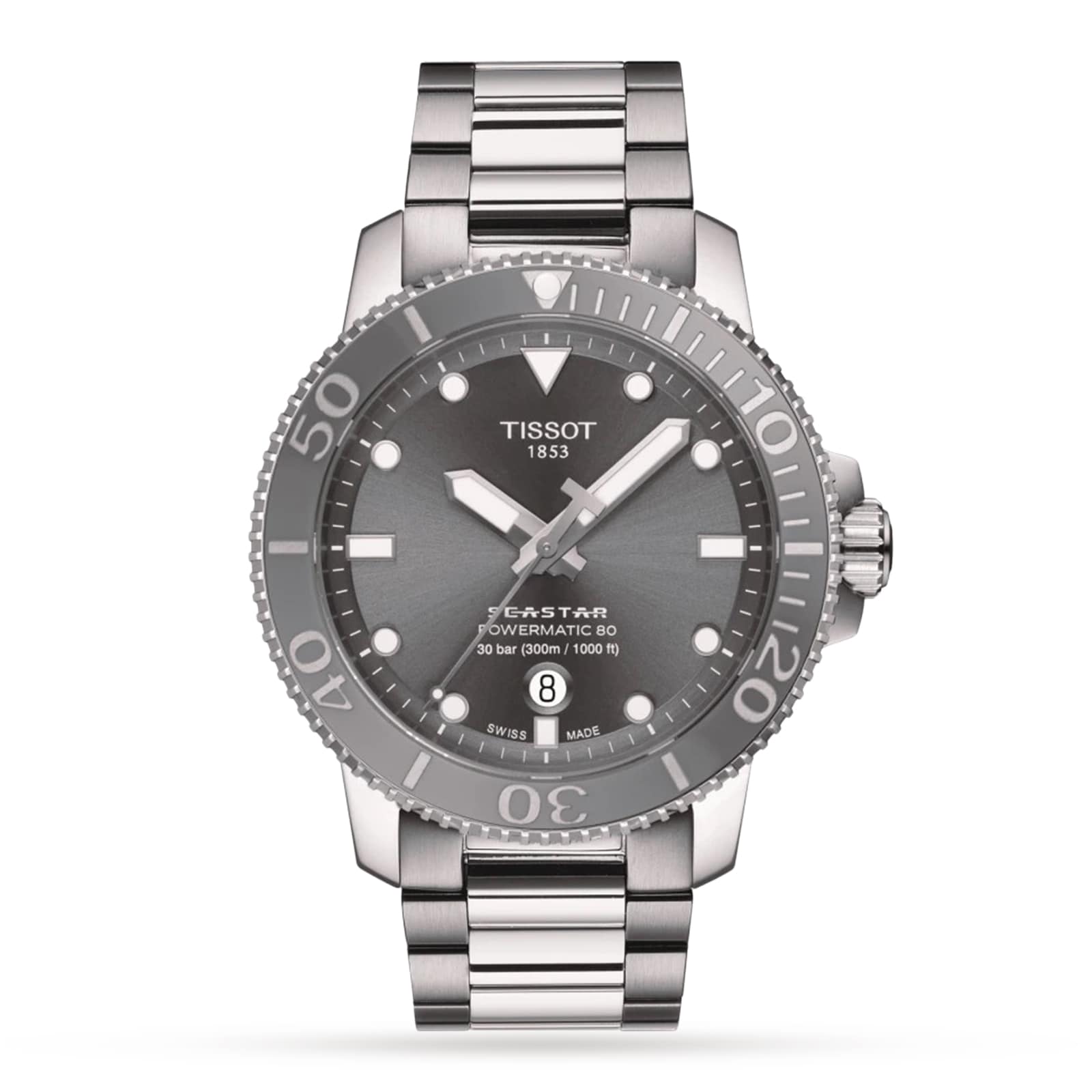 The Tissot Seastar 1000 Powermatic 80 features a grey dial, date at 6 o’clock, and a stainless steel bracelet—offering exceptional style and performance for divers.