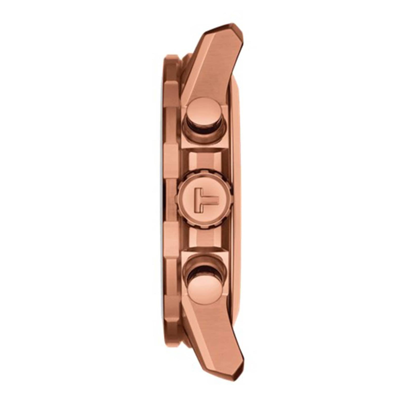 Side view of the Tissot Supersport Chrono in rose gold, displaying three buttons and a logo-embellished crown—highlighting the Swiss quartz elegance that defines this luxury timepiece.