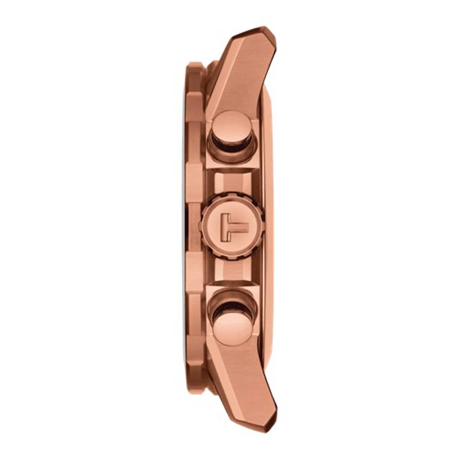 Side view of the Tissot Supersport Chrono in rose gold, displaying three buttons and a logo-embellished crown—highlighting the Swiss quartz elegance that defines this luxury timepiece.
