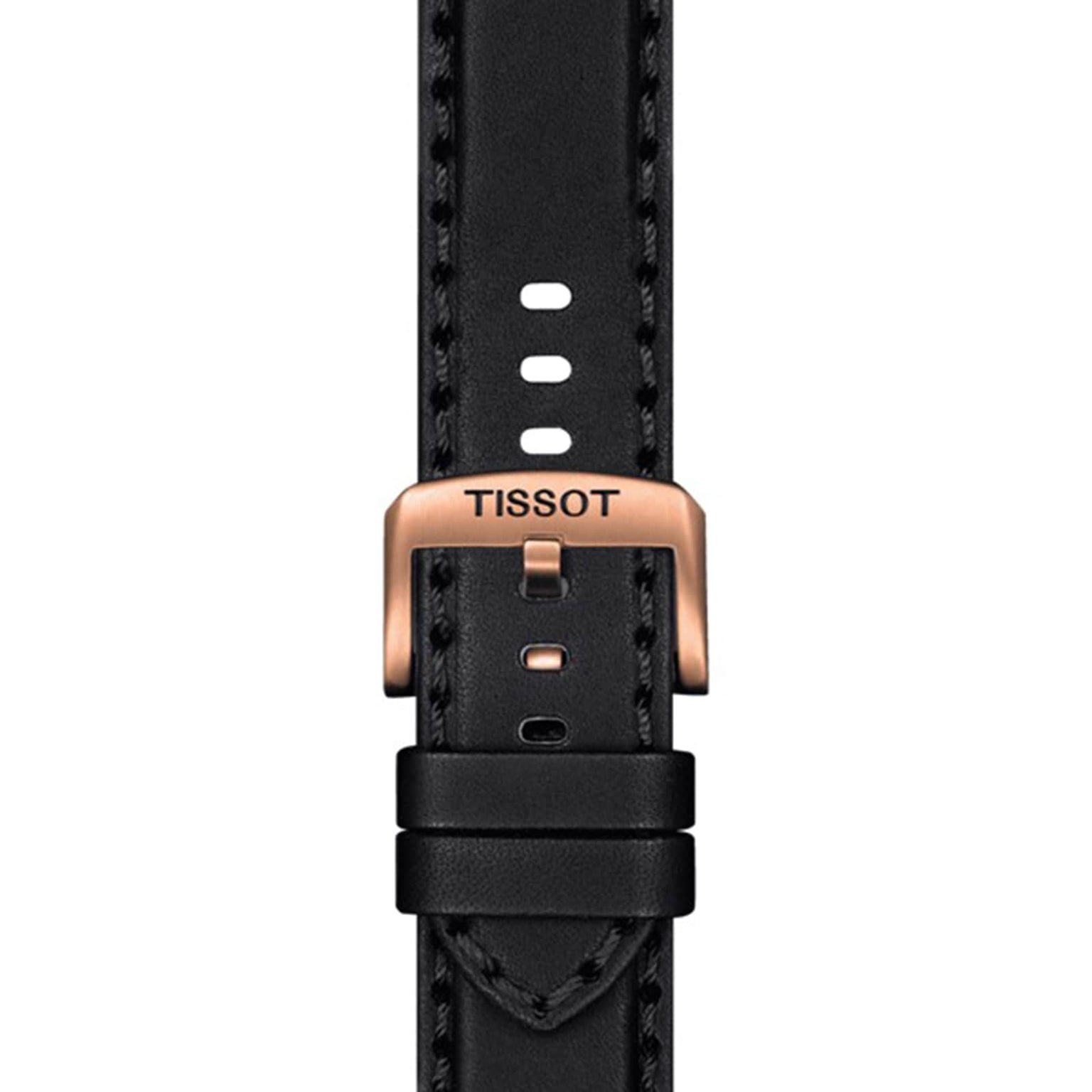 Close-up of a black leather strap with a rose gold Tissot-engraved buckle, showcasing the refined details of the Tissot Supersport Chrono luxury watch against a crisp white background.