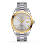 The Tissot Gentleman Powermatic 80 Silicium features a solid 18K gold bezel, silver dial, gold hour markers, date at 3 o’clock, and a silver metal link bracelet.