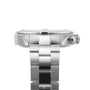 Side view of the Tissot PR 100 Sport Chic Chronograph, featuring a stainless steel case, metal link band, and a prominent winding crown.