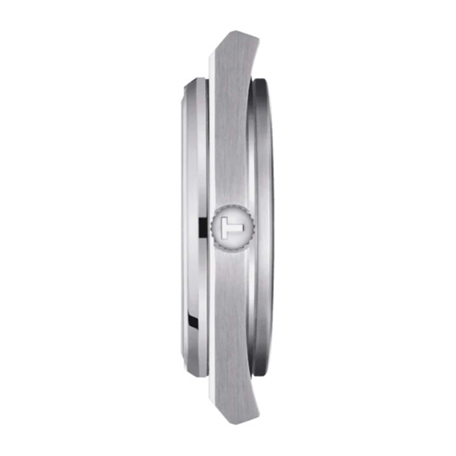 Side view of the Tissot PRX wristwatch showing its slim profile, metallic case, Swiss quartz movement, and a crown adorned with a T-shaped logo.
