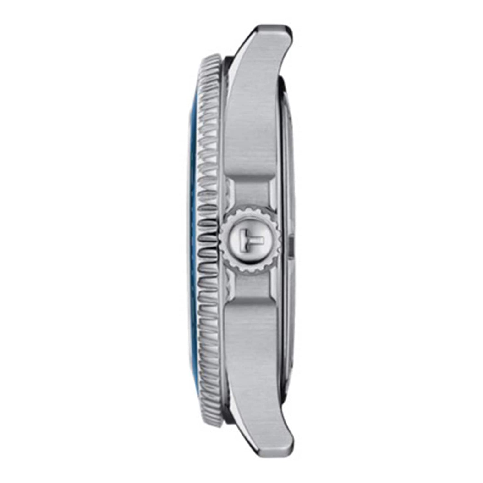 Side view of the Tissot Seastar 1000 stainless steel divers watch case with a textured bezel, T logo crown, and strap lugs. Designed for water resistance and reliable underwater performance.
