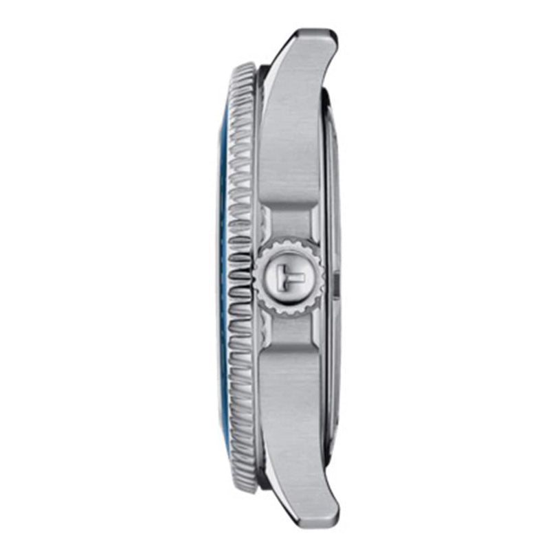 Side view of the Tissot Seastar 1000 stainless steel divers watch case with a textured bezel, T logo crown, and strap lugs. Designed for water resistance and reliable underwater performance.