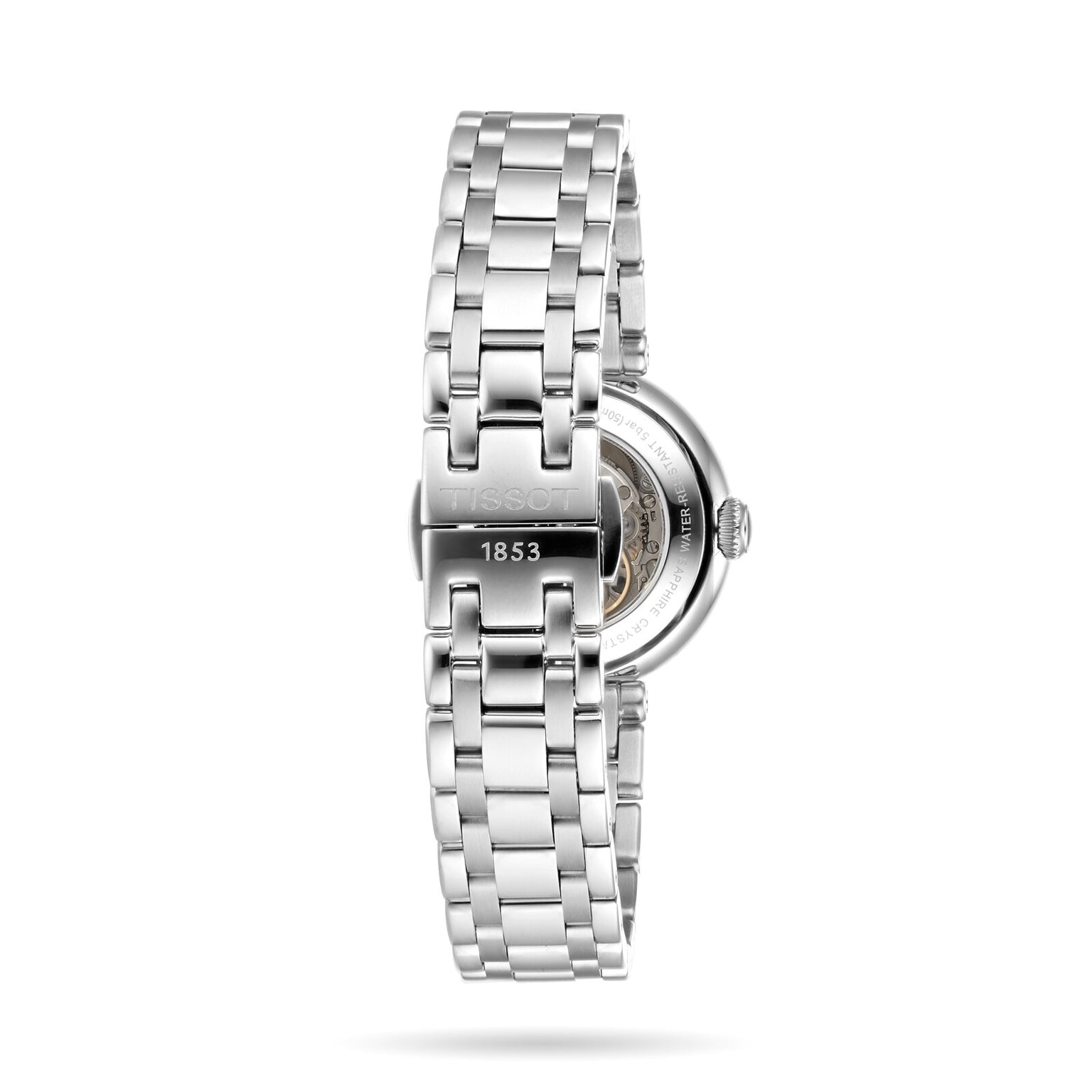 Rear view of the Tissot Bellissima Automatic wristwatch, showcasing its stainless steel clasp engraved with 1853 and a partial transparent case back revealing the Swiss automatic movement.