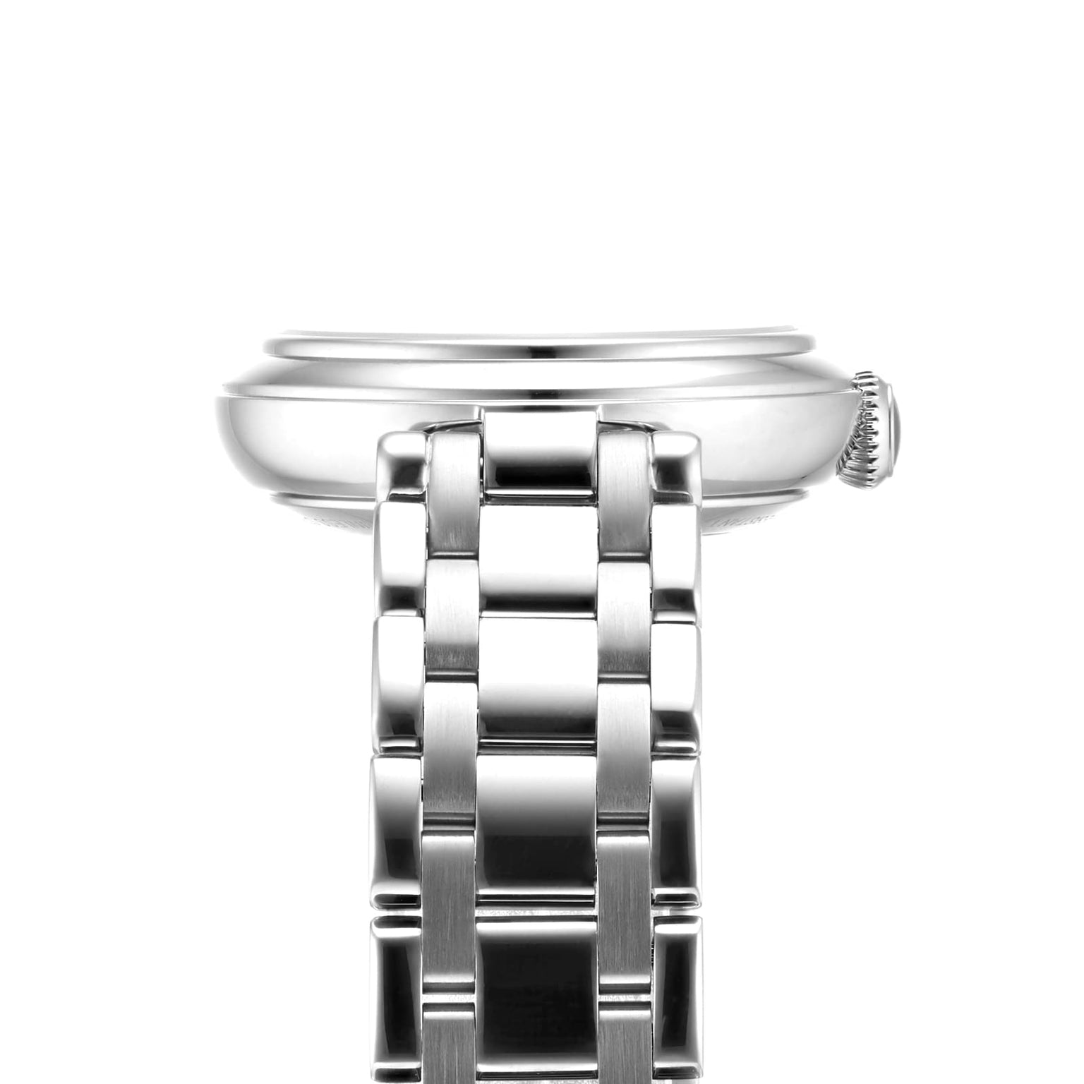 Side view of a silver Tissot Bellissima Automatic wristwatch with a metal link band and rounded case, featuring the crown on the right and powered by Swiss automatic movement.