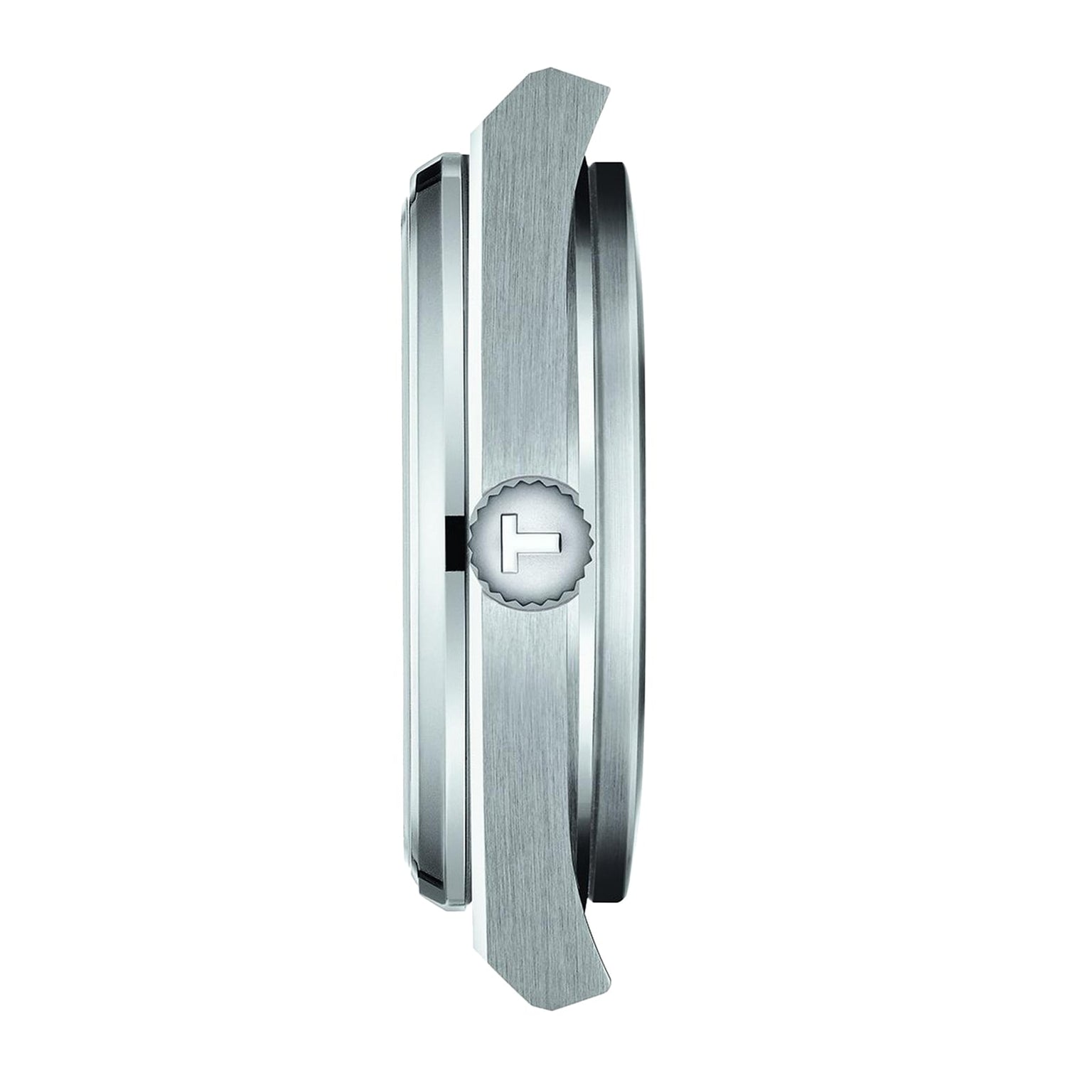 Side view of the Tissot PRX silver wristwatch case featuring a textured crown and minimalistic design, shown on a white background.