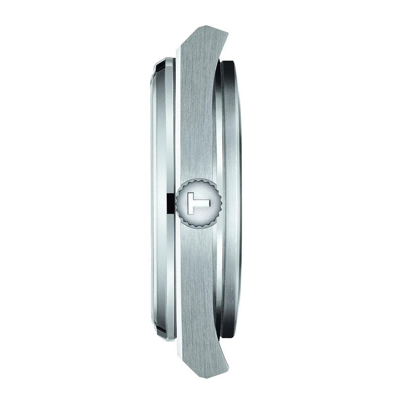 Side view of the Tissot PRX silver wristwatch case featuring a textured crown and minimalistic design, shown on a white background.