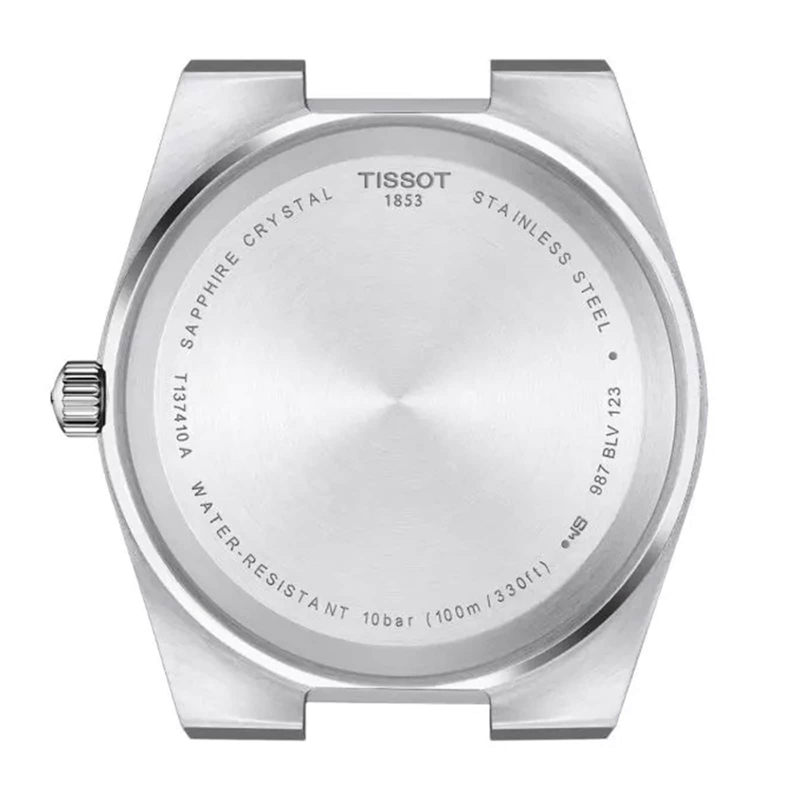 Back view of the Tissot PRX showcases its stainless steel case, model number engravings, sapphire crystal, water resistance details, and signature Swiss quartz movement.