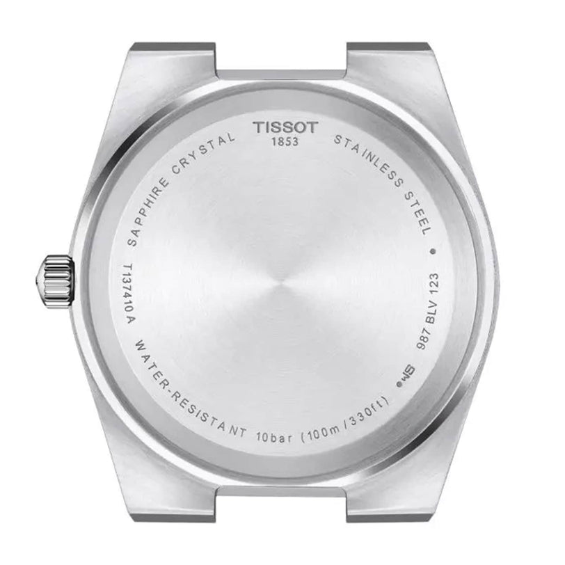 Back view of the Tissot PRX showcases its stainless steel case, model number engravings, sapphire crystal, water resistance details, and signature Swiss quartz movement.