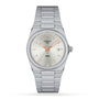 A Tissot PRX wristwatch featuring a stainless steel case, silver dial, gold hour markers, Swiss quartz movement, date display at 3 o’clock, and a metal link bracelet is photographed against a white background.