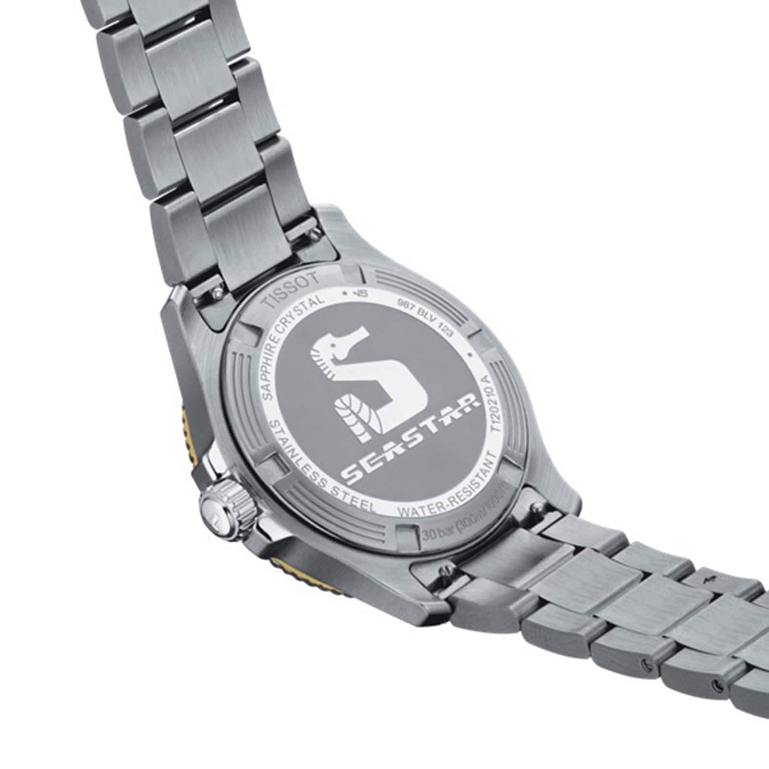 The stainless steel back of the Tissot Seastar 1000 watch features the brand, Seastar logo, and engraved specs such as sapphire crystal, water resistance, and SuperLuminova® details.