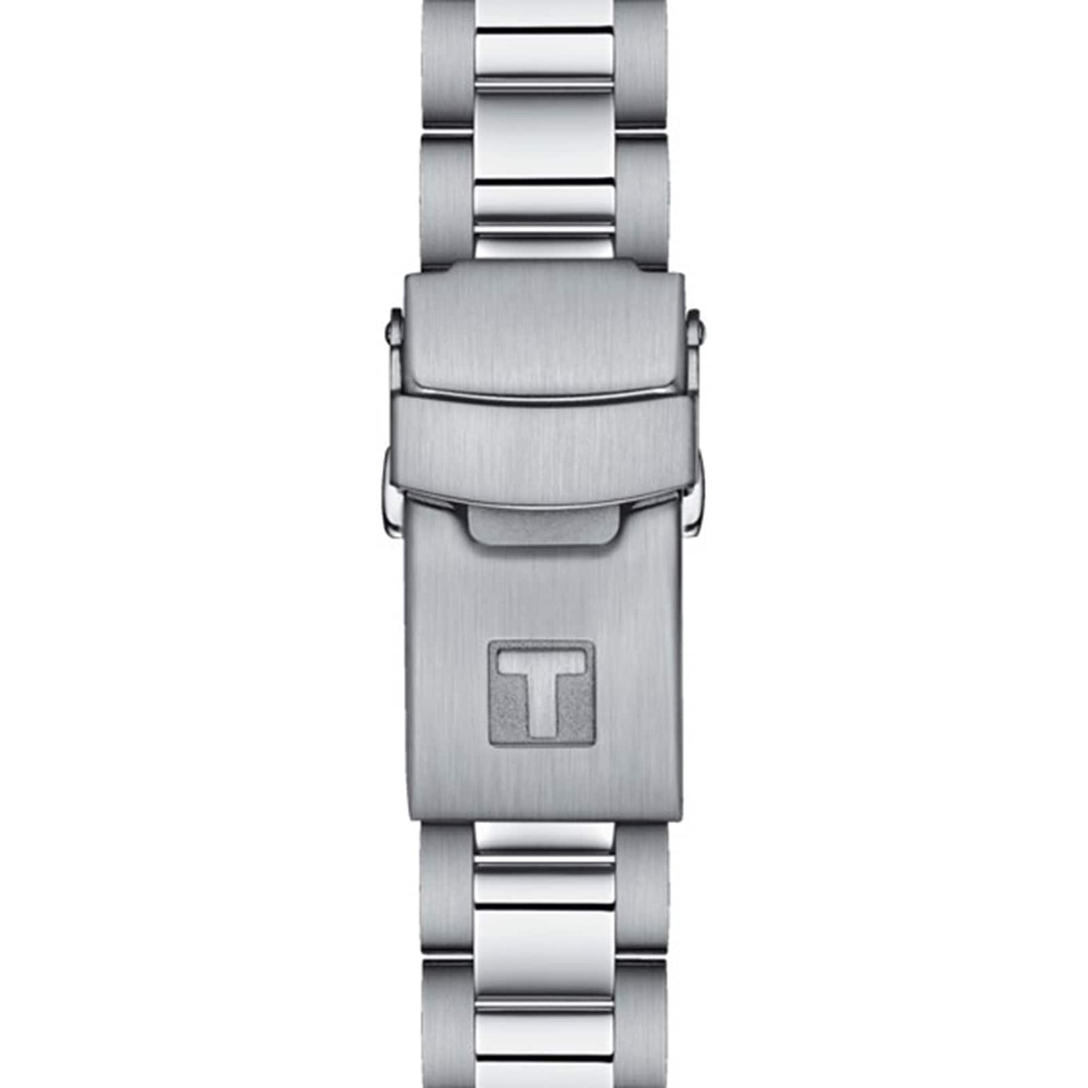 The Tissot Seastar 1000 features a stainless steel bracelet clasp with a brushed finish and an engraved “T” logo, designed to complement its water-resistant build and sporty SuperLuminova® accents.