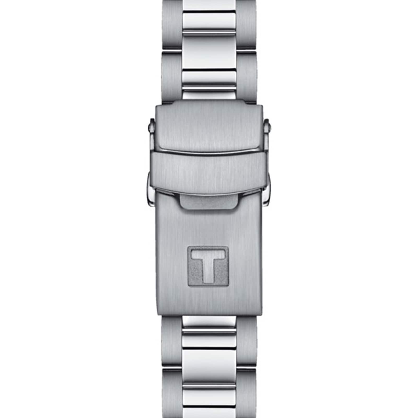 The Tissot Seastar 1000 features a stainless steel bracelet clasp with a brushed finish and an engraved “T” logo, designed to complement its water-resistant build and sporty SuperLuminova® accents.