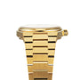 The Tissot PRX gold wristwatch features a metal link bracelet and showcases its crown and slim case from the side—an elegant option for luxury watch enthusiasts.
