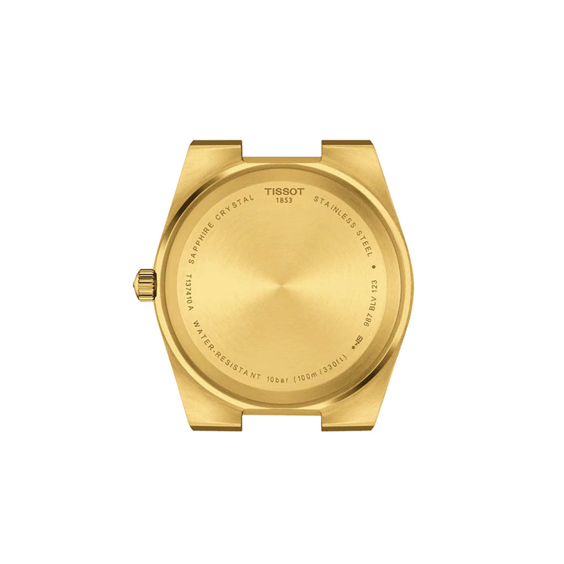 The Tissot PRX watch features an engraved case back highlighting its Swiss quartz movement, sapphire crystal, stainless steel case, water resistance, and unique serial number.