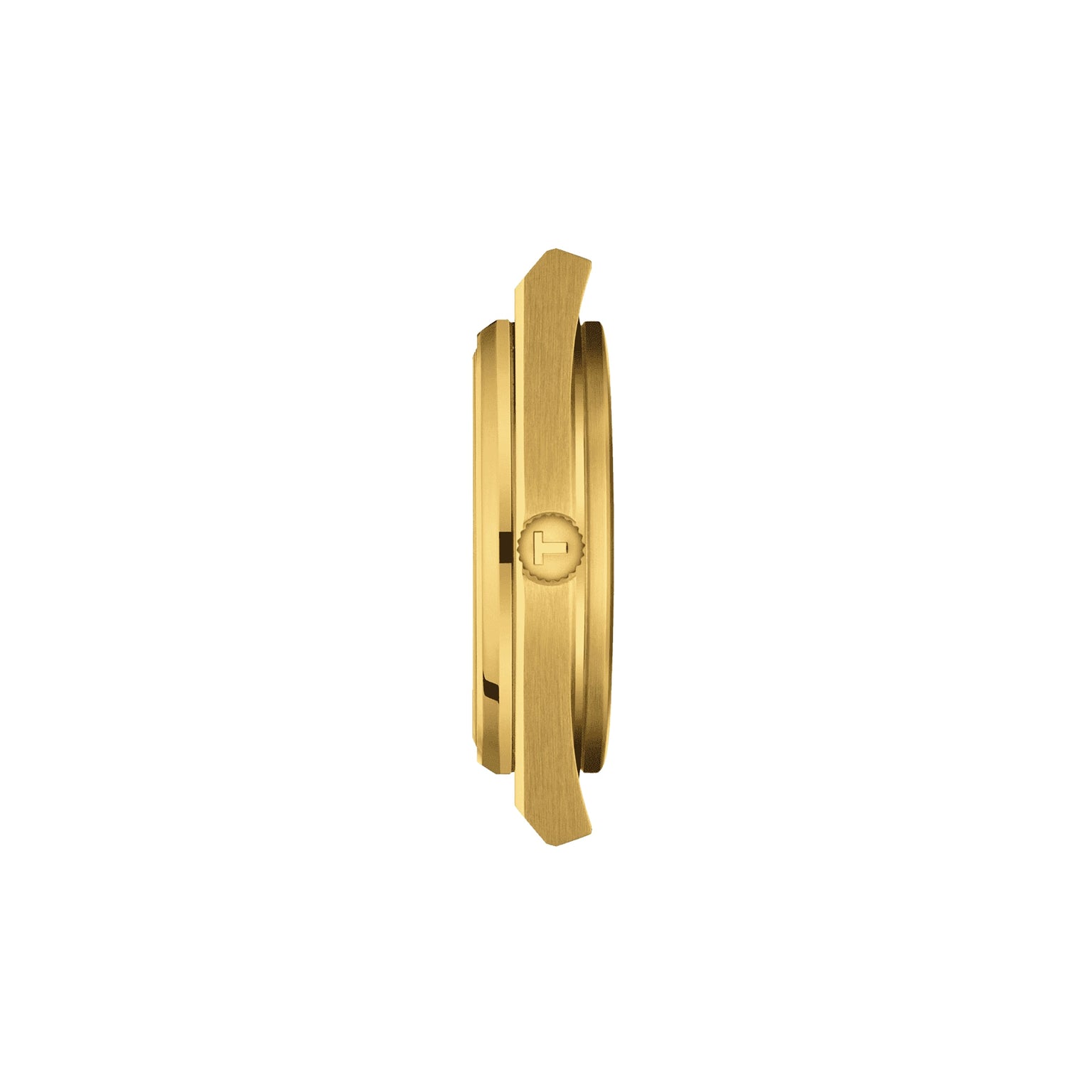 Side view of the Tissot PRX wristwatch with a round stainless steel case, visible crown, and brushed metal finish, photographed against a white background.
