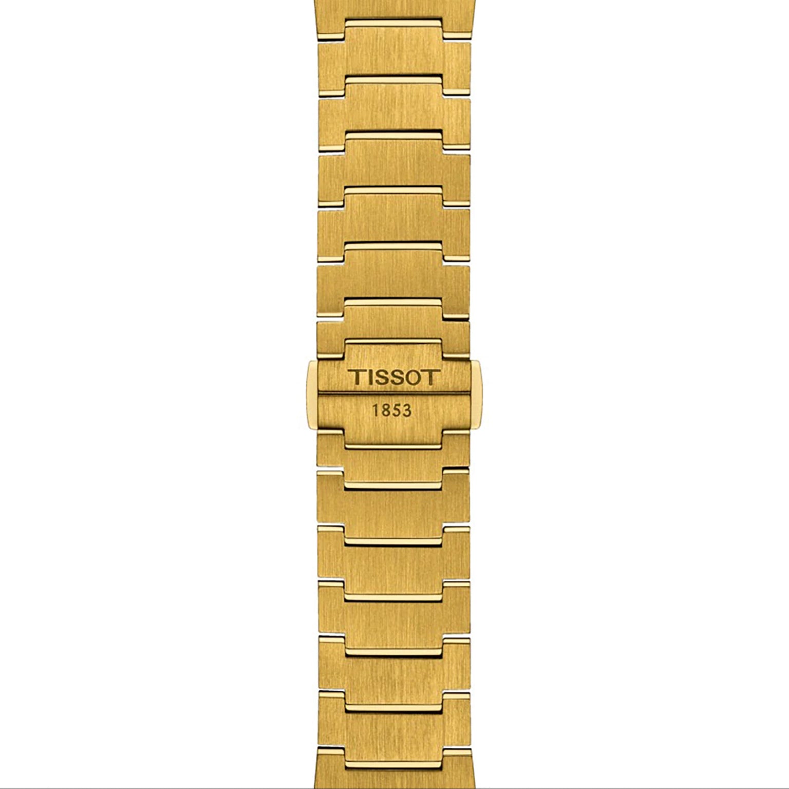 The Tissot PRX features a gold-tone bracelet with brushed links, a stainless steel case, and TISSOT 1853 engraved on the clasp. Swiss-made quartz movement delivers precise timekeeping.