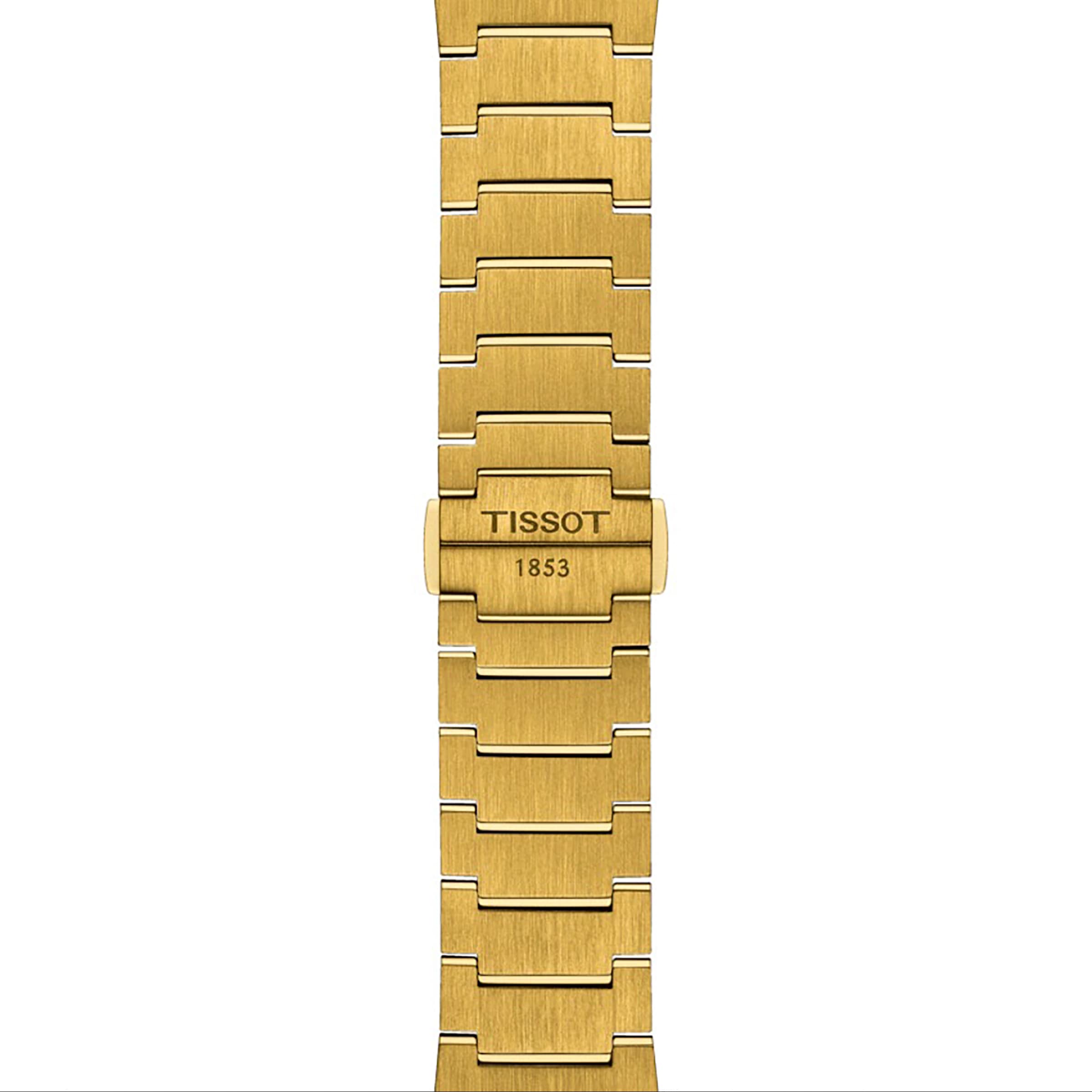 The Tissot PRX features a gold-tone bracelet with brushed links, a stainless steel case, and TISSOT 1853 engraved on the clasp. Swiss-made quartz movement delivers precise timekeeping.