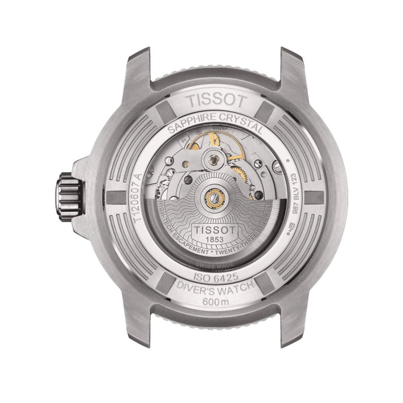 Back view of the Tissot Seastar 2000 Professional Powermatic 80 showcasing its automatic movement, labeled specs, and sapphire crystal; boasts 600m water resistance and diver’s watch certification.