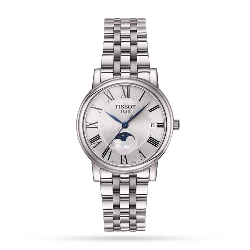 The Tissot Carson Premium Moonphase features Roman numerals, Swiss quartz movement, a moonphase display, date window at 3 oclock, and a metal link bracelet, shown on a white background.