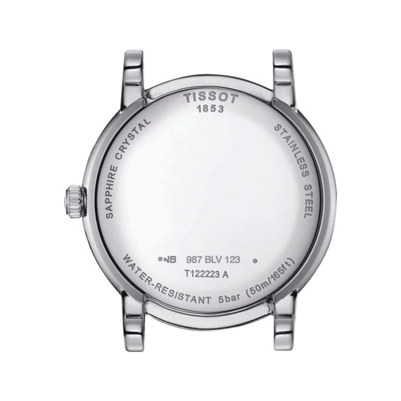 The Tissot Carson Premium Moonphase features a back engraved with its model number, water resistance, stainless steel case, sapphire crystal, and unique Swiss-made quartz details.