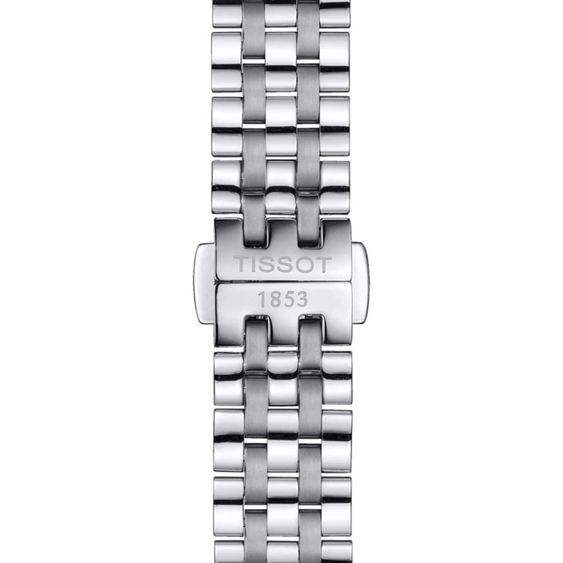Close-up of the stainless steel bracelet clasp on the Tissot Carson Premium Moonphase, engraved with TISSOT 1853 and showcasing Swiss quartz craftsmanship.