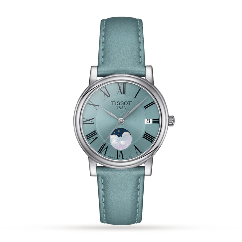 The Tissot Carson Premium Moonphase is a silver wristwatch with a teal leather strap, Roman numerals, date window, moon phase display, and Swiss-made quartz movement.