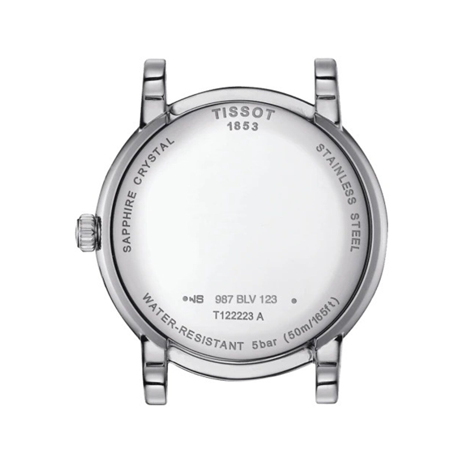 Back view of a Tissot Carson Premium Moonphase case showing engravings for sapphire crystal, stainless steel, 5 bar water resistance, reference T122223A, and serial number 987 BLV 123.