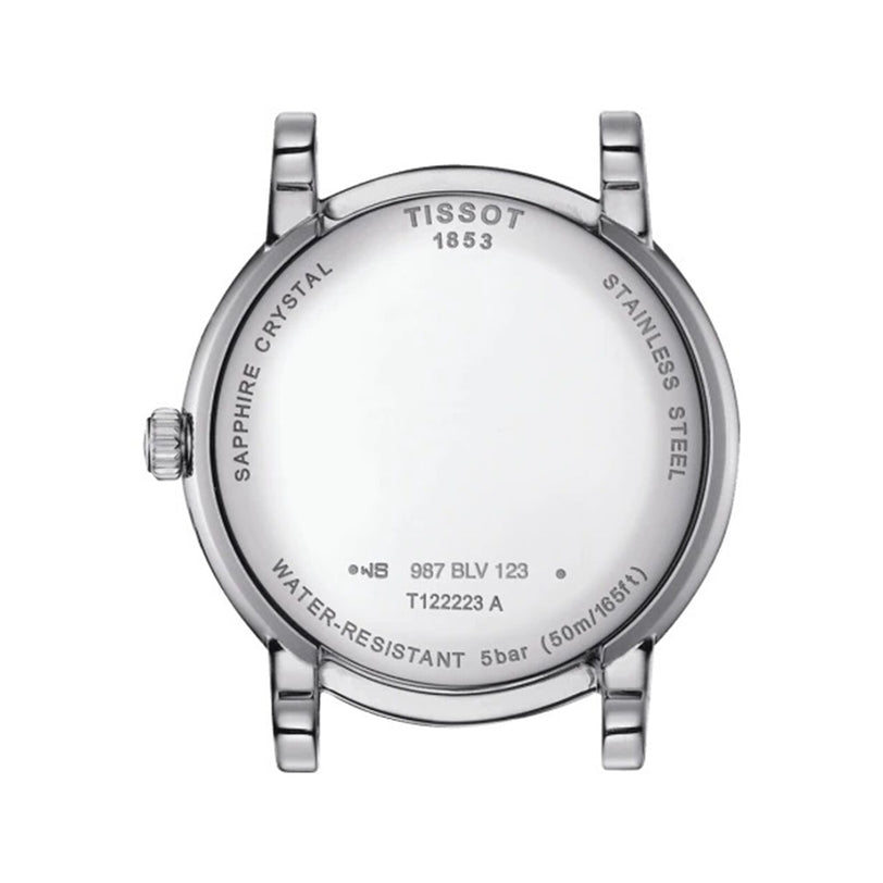 Back view of a Tissot Carson Premium Moonphase case showing engravings for sapphire crystal, stainless steel, 5 bar water resistance, reference T122223A, and serial number 987 BLV 123.