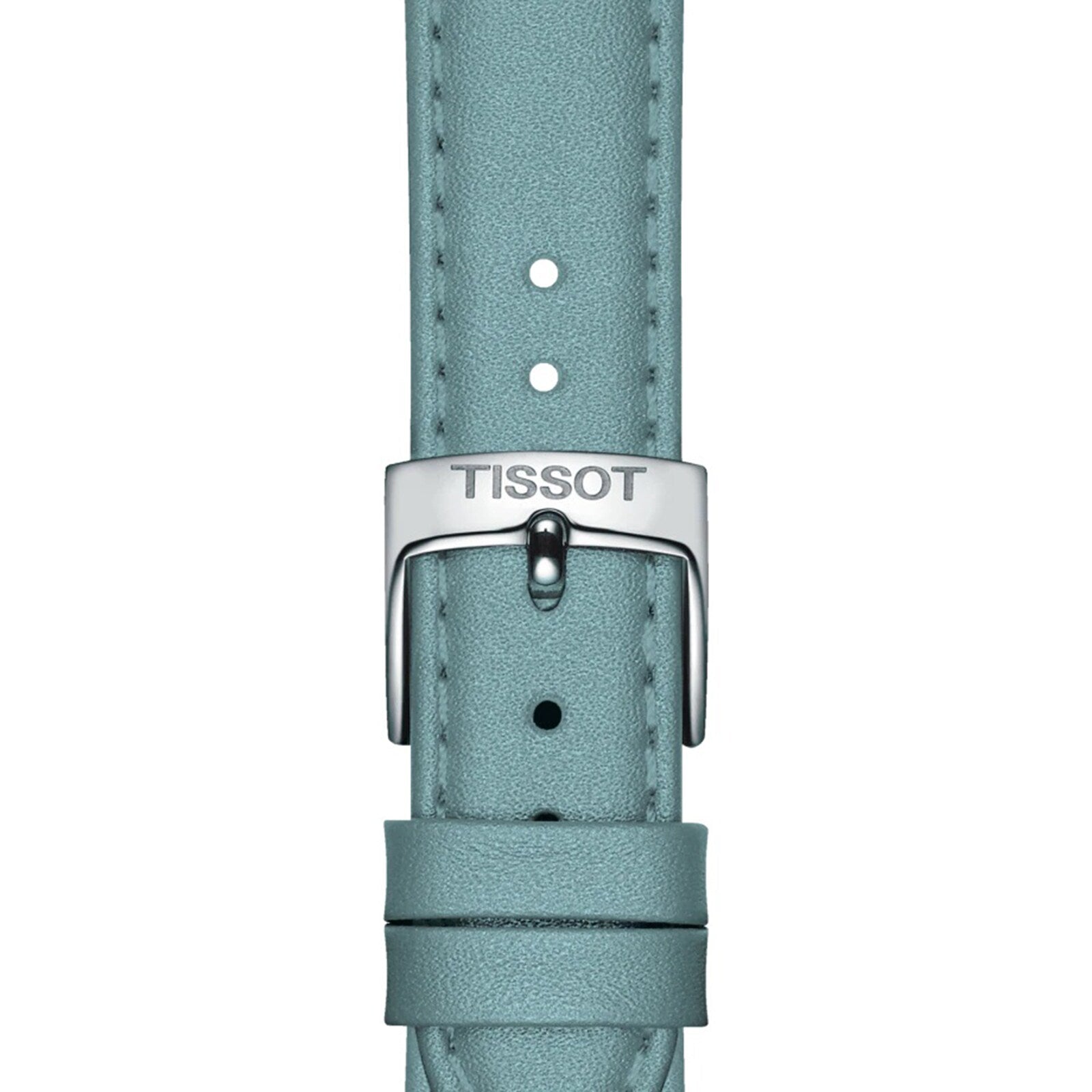 Close-up of a light blue leather strap with a silver buckle engraved Tissot, showcasing the refined elegance of the Tissot Carson Premium Moonphase watch.