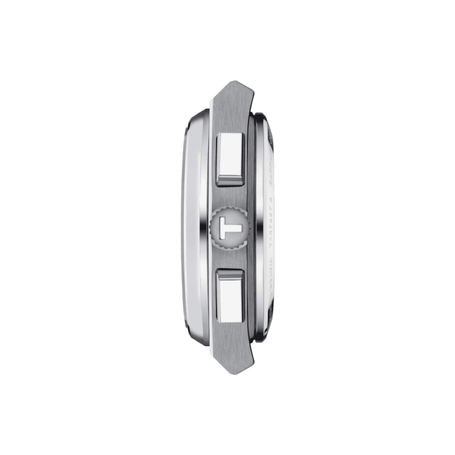 Side view of the Tissot PRX Automatic Chronograph case, highlighting its 70s-inspired design with a visible crown and two pushers against a white background.